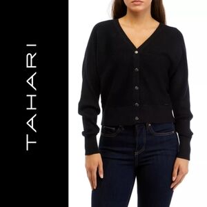 Tahari Horizontal Rib Knit V Neck Button Cardigan Sweater